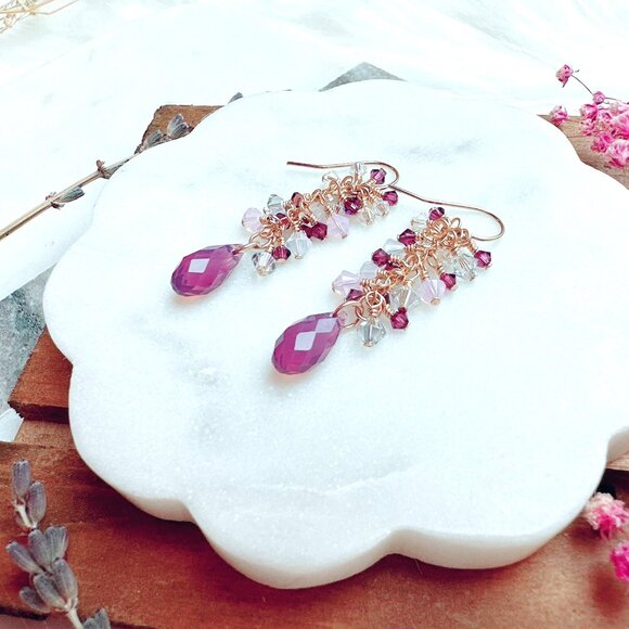 New Briolette Crystal Cluster Long Drop Earrings | Handmade in BC - Picture 3 of 4